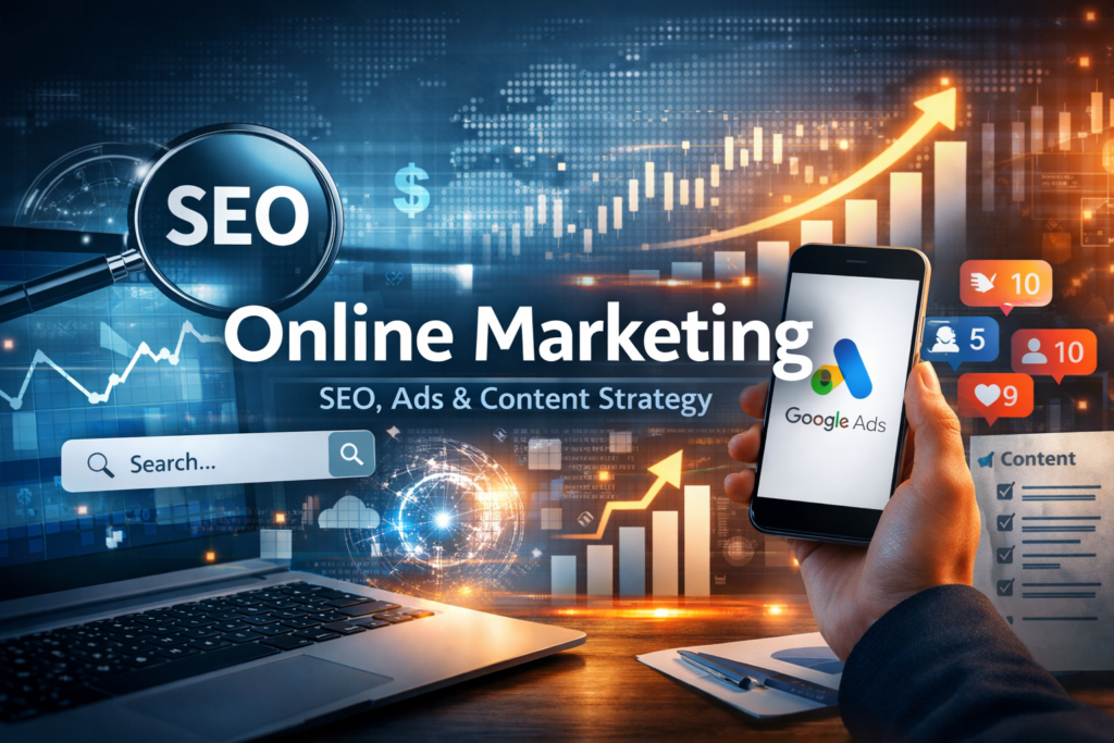 Online marketing obejmujący SEO, pozycjonowanie stron i reklamy Google Ads