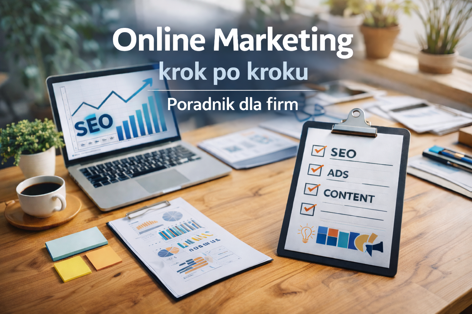 Stanowisko pracy z wykresami SEO i checklistą marketingu online dla firm